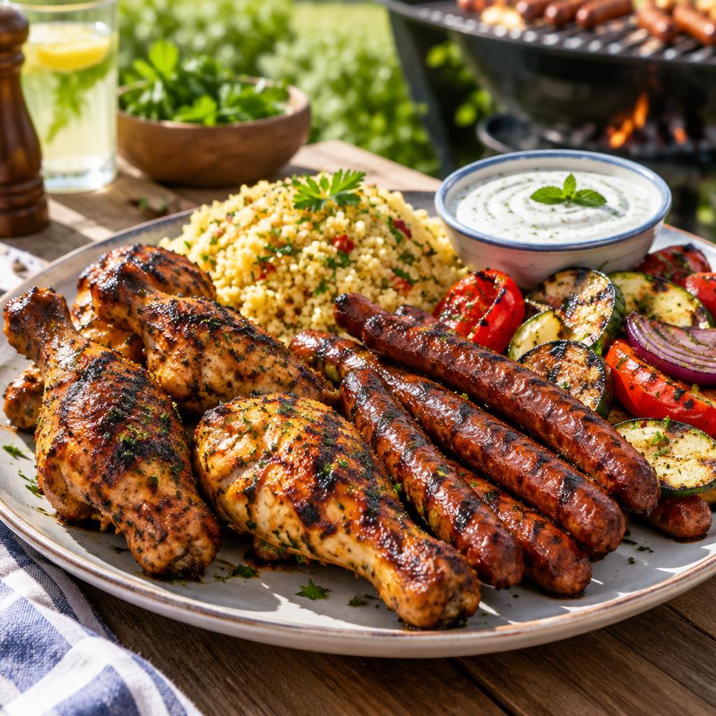 Assiette de BBQ : merguez, poulet & légumes grillés