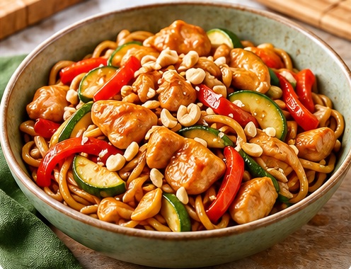 Wok de nouilles au poulet & légumes sautés