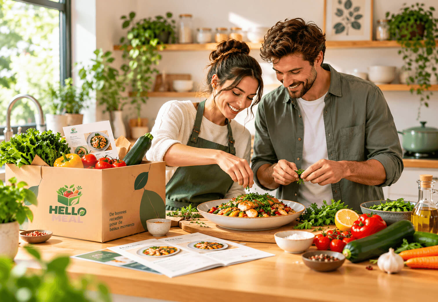 Un couple souriant prépare un repas fait maison aux côtés d'une box HELLO MEAL garnie de légumes frais et de fiches recettes