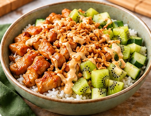 Poké bowl poulet, kiwi & oignons frits