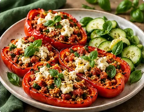 Poivron farci au quinoa, pesto & chèvre frais
