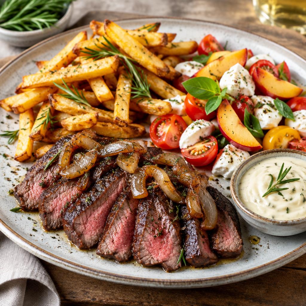Bavette de bœuf, échalotes confites & frites