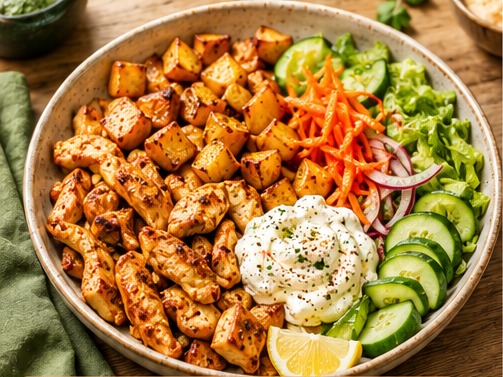 Assiette shawarma poulet Label Rouge & labneh