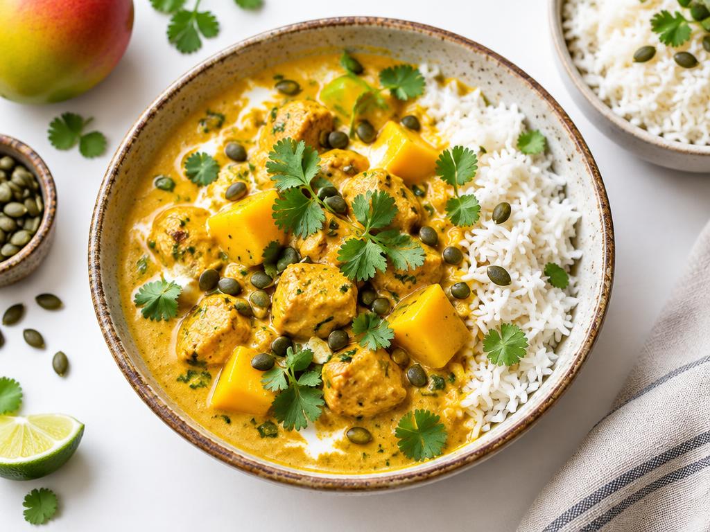 Poulet doré au curry, mangue & coco
